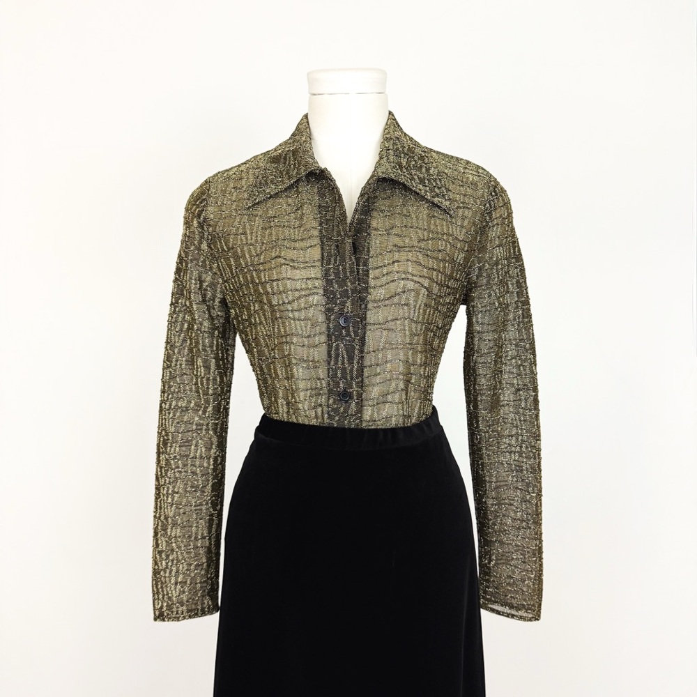Vintage 90’s Sheer Metallic Textured Button-Front Blouse in Black & Gold Size S - Picture 3 of 9